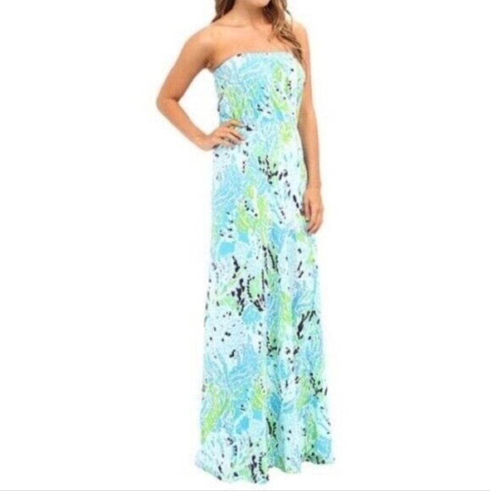 Lilly Pulitzer Strapless Blue and Green Coral Maxi Dress - Picture 2 of 6